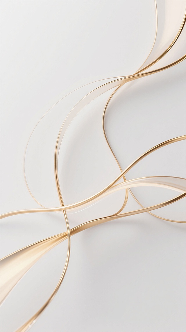 极简风格抽象背景，纯净白色背景上，流动的金色线条以优雅的曲线造型交织，线条呈现细腻的金属光泽质感，带有微妙的光影渐变效果，整体构图具有现代简约的设计感，线条排列疏密有致，形成富有动感的视觉韵律，无文字及标识元素。