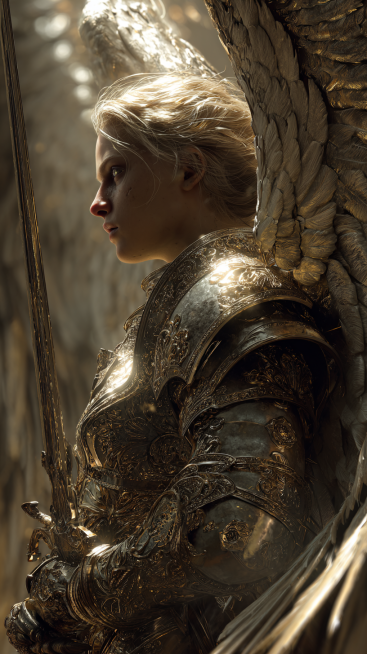 Divine warrior angel of blades, feathered wings replaced by razor-sharp crystal blades, golden and o预览效果