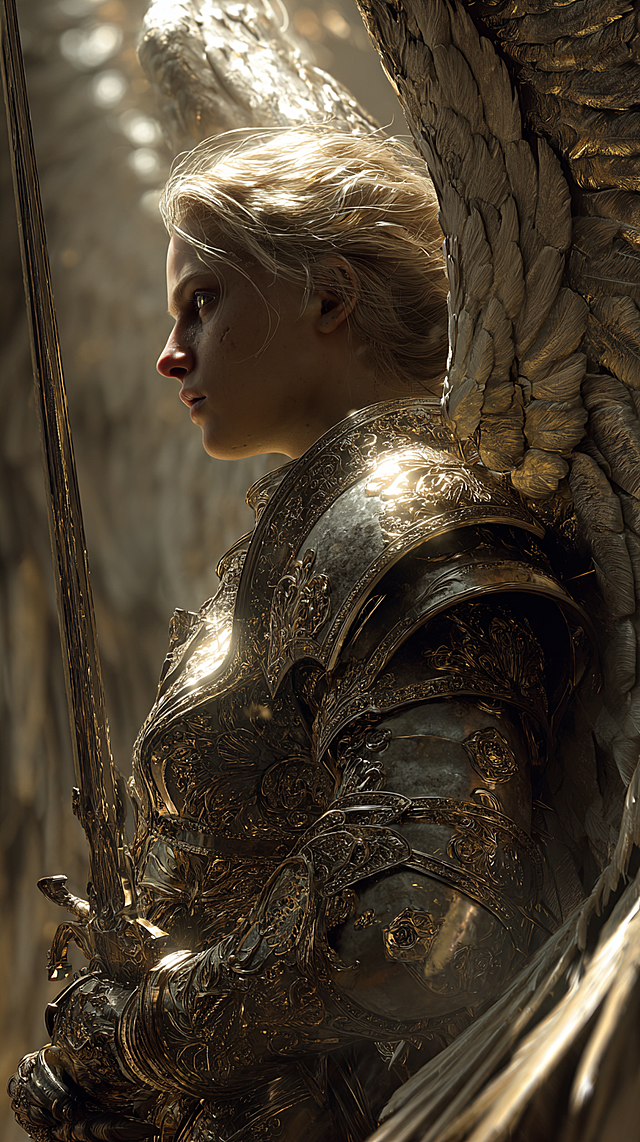 Divine warrior angel of blades, feathered wings replaced by razor-sharp crystal blades, golden and onyx armor with intricate engravings, ethereal light emanating from cracks, intense stare, battlefield backdrop with broken swords, dramatic depth of field, photorealistic textures