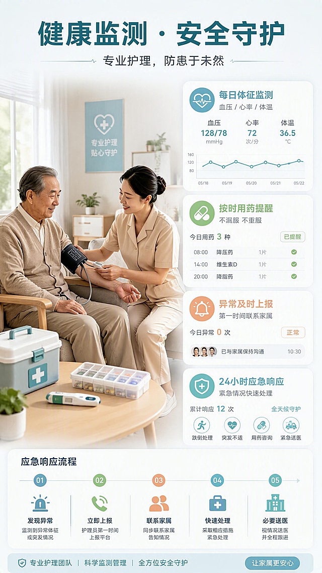 [第5张] 详情页健康监测与安全-体征监测用药提醒应急响应。本张使用【图1】人物形象，构建健康监测场景。
[氛围/风格] 专业可信风，蓝绿医疗色调搭配暖色，科技感与温度结合，京东平台严谨数据版式。
[元素布局] 画面左侧为护理员为老人测量血压的场景：老人坐在椅子上，护理员手持血压计，专注操作，背景有医疗收纳箱、体温计、药盒等物品；右侧为信息展示区，用数据卡片和图标呈现健康监测内容；底部为应急响应流程条。
[光影质感] 柔和顶光+侧光，人物面部清晰，医疗物品有质感，整体明亮专业，不冰冷。
[配色色系] 全局底色 #F0F7FA 浅蓝白；主色蓝绿色 #5BAEB7；辅助色暖橙 #E8A87C、浅绿 #B8E0B8；文字深灰蓝 #2C3E50。
[视角构图] 左侧场景占55%，右侧信息占45%，阅读动线顶部标题 → 左侧场景 → 右侧数据卡片 → 底部流程。
[文字版式] 顶部主标题「健康监测 · 安全守护」，副标题「专业护理，防患于未然」；右侧四张信息卡片：「每日体征监测」血压/心率/体温、「按时用药提醒」不漏服不重服、「异常及时上报」第一时间联系家属、「24小时应急响应」紧急情况快速处理；底部时间轴式应急流程；配医疗类线性图标；文字清晰专业。
[比例分辨率] 9:16 竖版比例，4K 分辨率，文字清晰可辨，高清画质。
[负向提示词] 人物变形，医疗物品失真，水印，文字错乱，色调过于冰冷，场景杂乱。