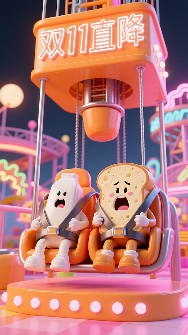 拟人化牛奶和拟人化面包坐在跳楼机的双人座椅上（有安全带），尖叫的表情，跳楼机顶部写着发光字体“双11直降”。背景是霓虹发光的游乐场，高饱和色调。海报主色调为橘色和粉色。