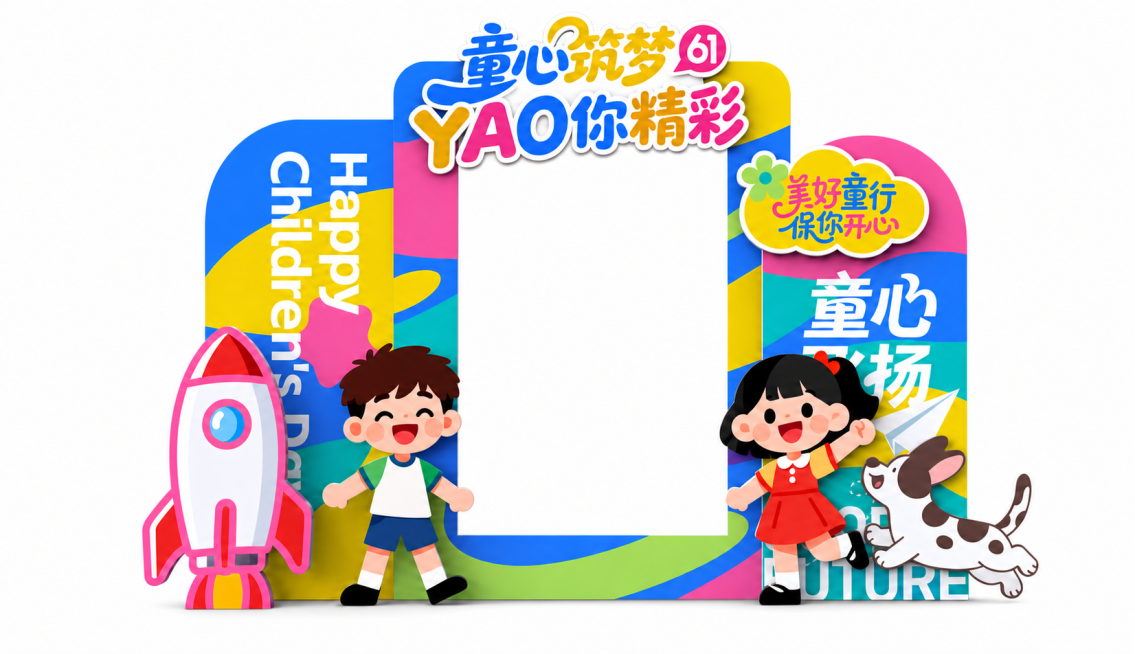 去除右上角黄色云朵文字区域内的白色水印，保留原有文字“美好童行 保你开心”和整体设计风格，其余内容不变预览效果