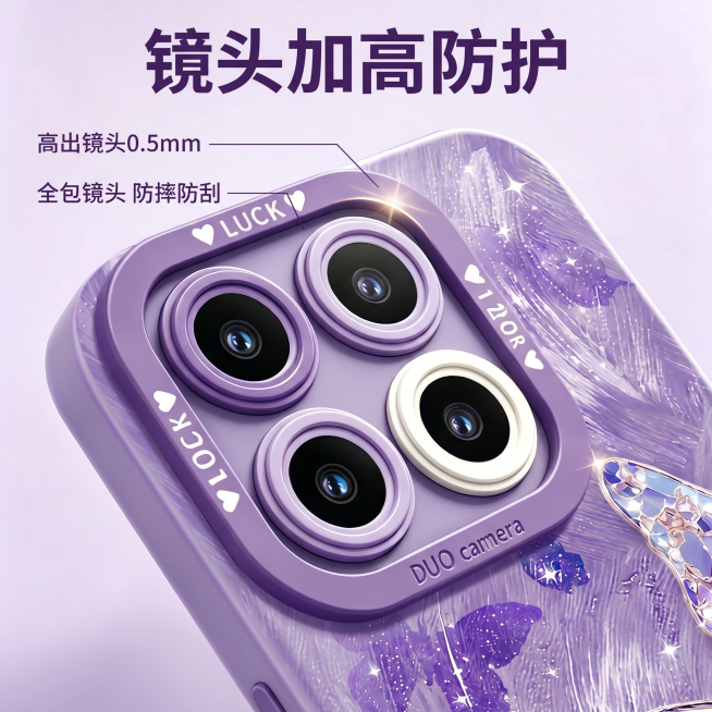 [主图 2] 羽纱半蝶手机壳镜头防护细节展示。
[氛围风格] 轻奢质感科技风，突出细节工艺。
[画质] 商业微距摄影，极致清晰，质感通透，画面干净高级。
[元素] 手机壳镜头框区域微距特写，完整展示L预览效果