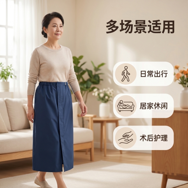 [主图 3] 老年隔漏裙多场景适用展示图，保持藏蓝色隔漏裙产品外观（物理结构、材质质感、颜色）与输入产品图绝对一致，杜绝任何变形和色差，精细化处理。
[氛围风格] 生活化场景氛围感，自然舒适
[画质]预览效果