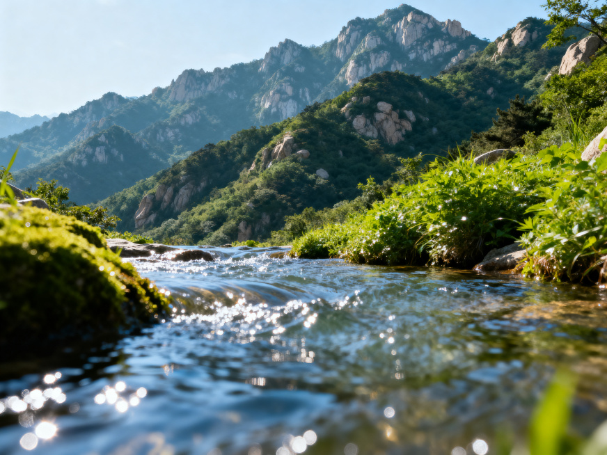 比例4:3，背景采用清新自然的元素，层叠的泰山山峦风景，翠绿植被，闪耀阳光反光，清爽健康自然水源，不要出现水瓶子，只体现自然风景和健康的水源预览效果