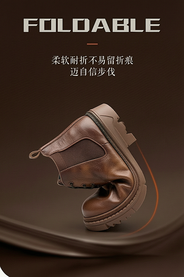 模仿参考图一的版式和构图，将图片二中的切尔西靴处理成弯曲折叠的效果，保持靴子本身的棕色皮质颜色和样式不变，背景改为深棕色渐变搭配丝滑纹理，保留图一的排版结构