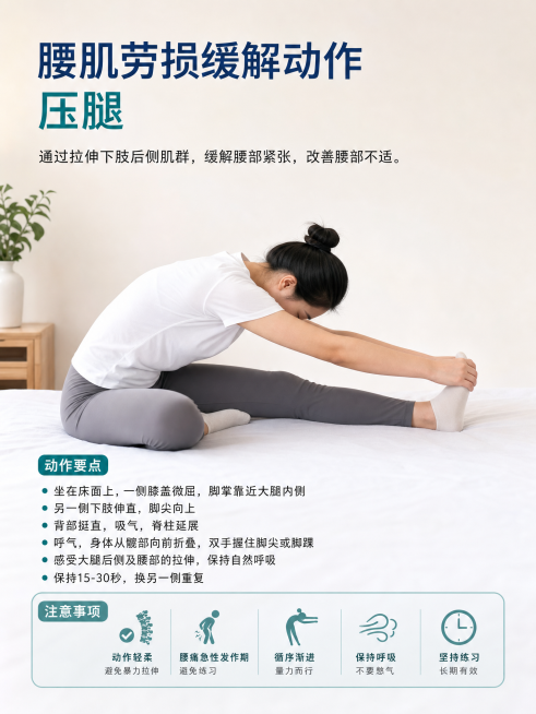 医学插画，真人演示腰肌劳损缓解动作：压腿，坐在床面上，一膝微屈，另一下肢伸直，躯干前倾压向伸直的下肢，干净简洁的背景，专业医疗科普风格预览效果