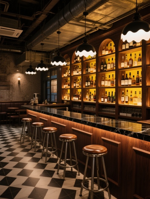 一个充满复古工业风的酒吧内部场景，深棕色木质吧台搭配黑色大理石台面，吧台前摆放着几张金属支架与皮革坐垫的高脚凳，吧台后方是多层实木酒架，整齐排列着各种瓶装酒，酒架内部透出温暖的黄色灯光，天花板悬挂着带有白色波浪形灯罩的黑色吊灯，地面铺设黑白几何图案的地砖，整体空间光线调整为比原图更为明亮柔和的暖黄色调，光线分布更加均匀，减少暗部阴影，增强空间通透感，营造出温馨而略带慵懒的饮酒氛围，保留原有的复……预览效果