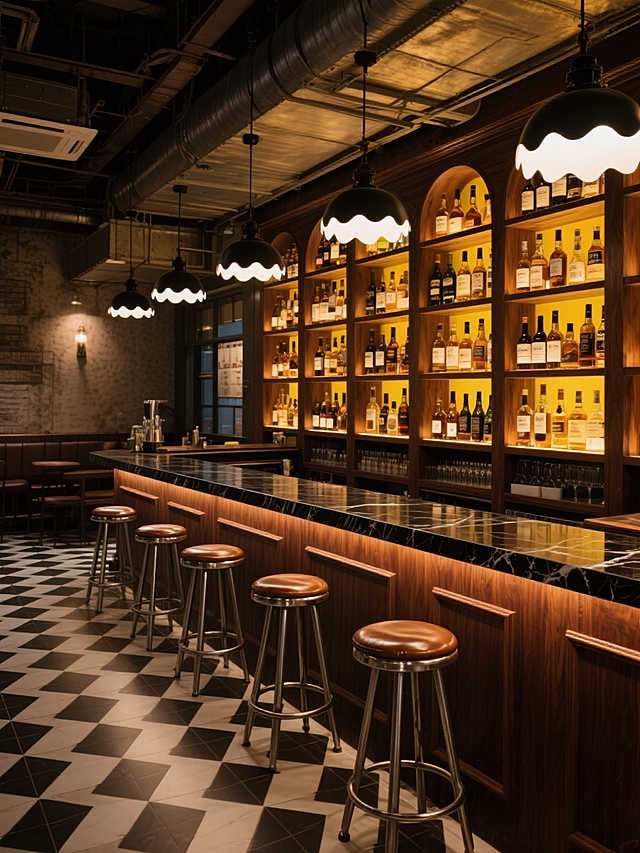 一个充满复古工业风的酒吧内部场景，深棕色木质吧台搭配黑色大理石台面，吧台前摆放着几张金属支架与皮革坐垫的高脚凳，吧台后方是多层实木酒架，整齐排列着各种瓶装酒，酒架内部透出温暖的黄色灯光，天花板悬挂着带有白色波浪形灯罩的黑色吊灯，地面铺设黑白几何图案的地砖，整体空间光线调整为比原图更为明亮柔和的暖黄色调，光线分布更加均匀，减少暗部阴影，增强空间通透感，营造出温馨而略带慵懒的饮酒氛围，保留原有的复古工业风格元素、色彩搭配、材质质感及物体布局。
