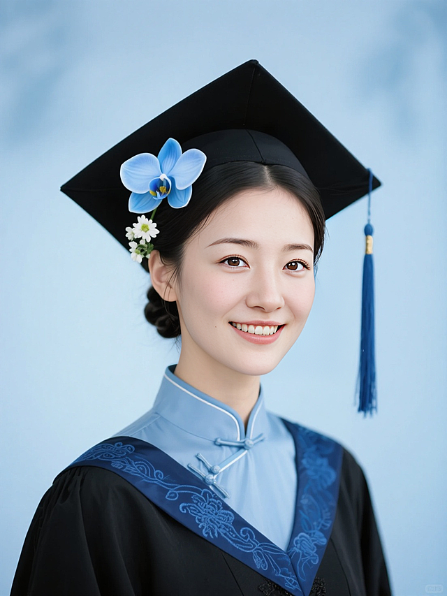 女生，学士服证件照，复古妆容，古典低盘发戴学士帽，穿黑色学士袍戴黑色学士帽，头发上戴头上簪两朵浅蓝色的蝴蝶兰和白色小花，学士帽流苏，学士袍领口有蓝色刺绣披带，内衬是浅蓝色旗袍，浅蓝色色朦胧背景，露齿笑