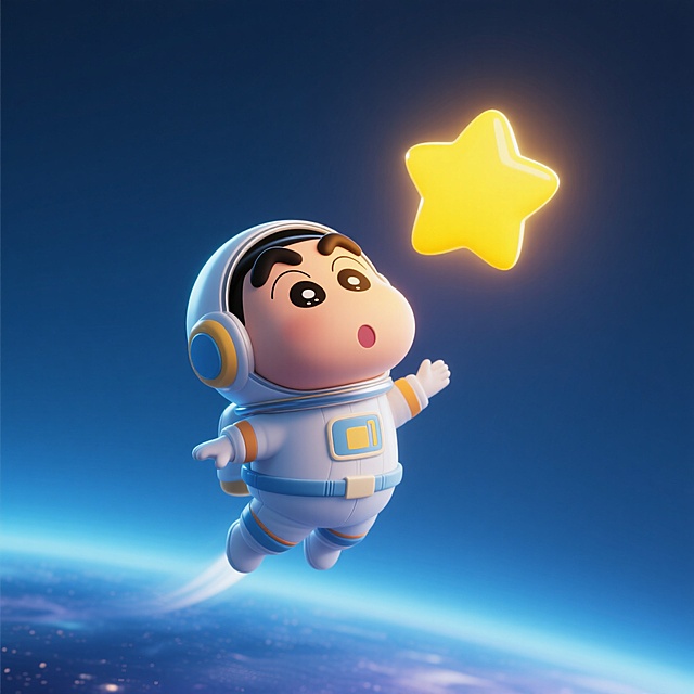 蜡笔小新穿着宇航服在宇宙中漫游，仰望一颗黄色的星星