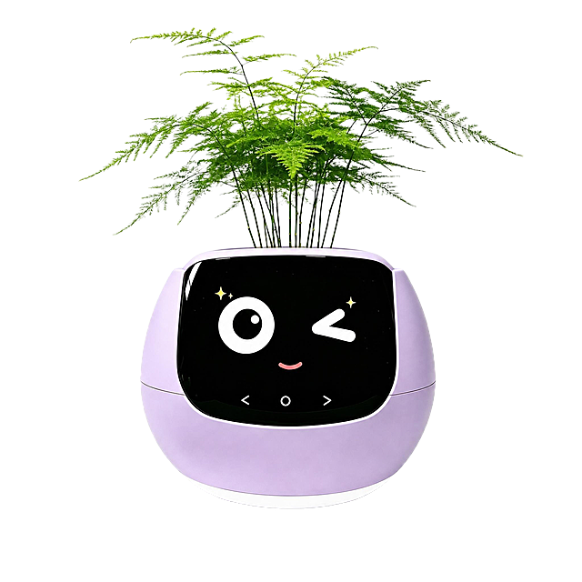 修改image1（淡紫色花盆）：将花盆底部最下方的一圈底座边缘颜色改为纯白色，只是很窄的一圈底边，不是增加新的底座结构，在原图基础上把最底部那一圈改成白色即可。花盆主体、屏幕、表情、文竹植物、光影、背景完全保持不变。只改最底部一圈边缘的颜色为白色。