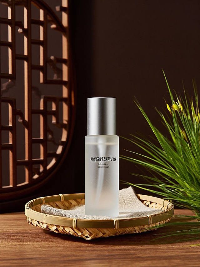 抠出主体，保留主体形状和颜色。原木桌面，主体放在竹制编织托盘中，亚麻布装饰；深棕色背景，镂空圆花窗，一簇岩兰草。