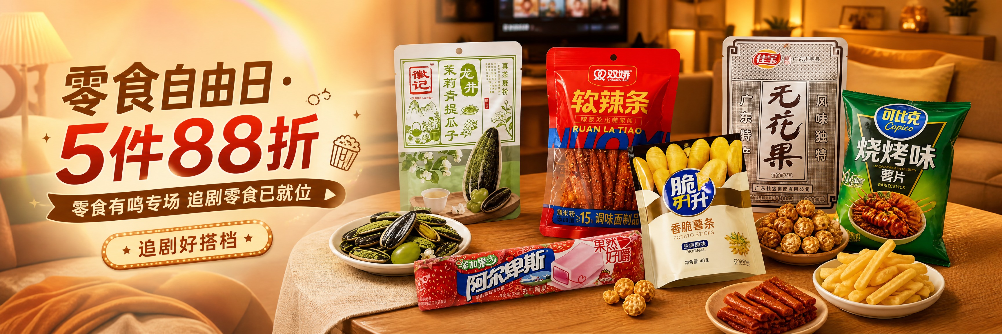 一张横版电商banner海报，宅家追剧零食场景。画面右侧和中部… - 图片创意预览