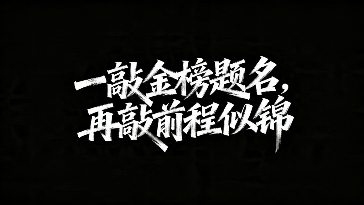 现代创意书法字体设计，文字内容为"一敲金榜题名，再敲前程似锦"，字体带有明显的毛笔书写质感，笔触表现力强，笔画粗细对比强烈，带有自然飞白和笔锋变化，有粗重按压痕迹，充满力量感与韵律感。字形灵动洒脱，打预览效果