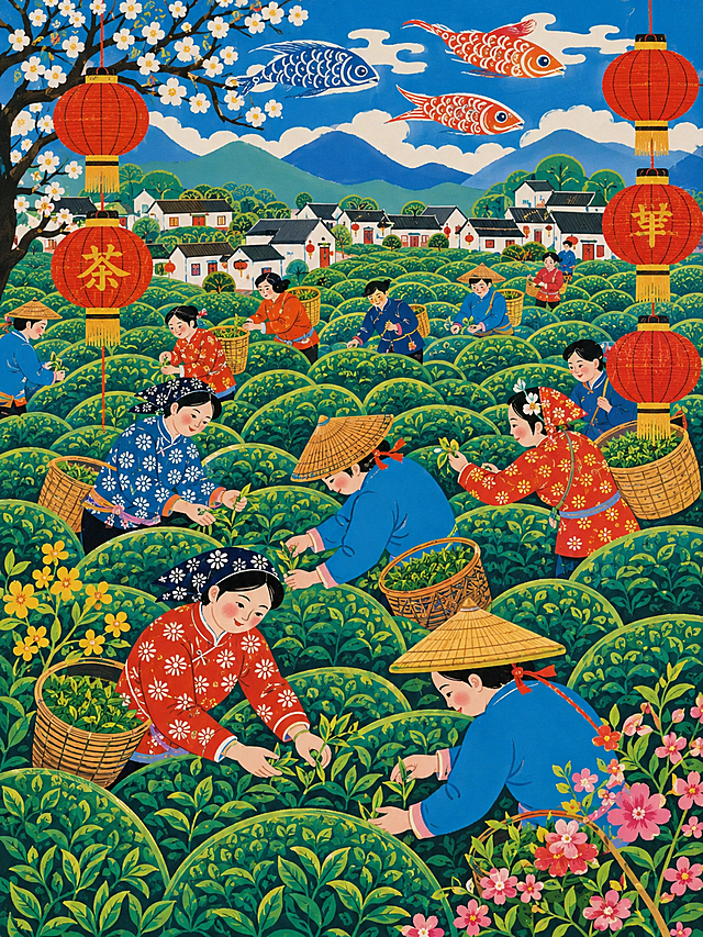 参考原图中国农民画风格，生成农民在茶田采茶的画面，非物质文化遗产中国农民画，色彩鲜艳，构图饱满，富有传统民间艺术特色，保留喜庆热闹的氛围，红色灯笼元素