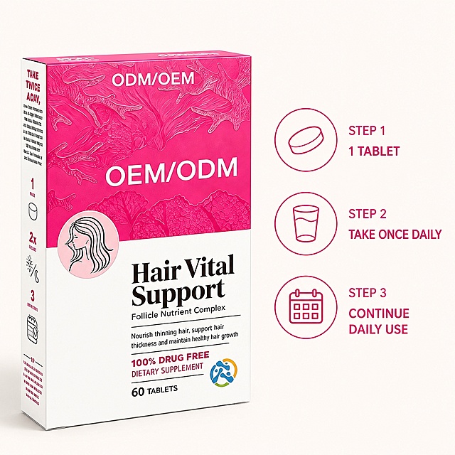 「图片1」，生成一套主图（10张），商品名称是OEM ODM Private Label Hair Growth Tablets for Women Vitamin C Biotin Promotes Hair Healthy Nourish Supplement Pills，适配亚马逊/跨境平台，主图比例为1:1