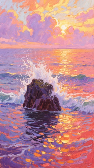 一幅印象派风格的海景油画，画面中央是一块半浸在水中的深色岩石，顶部激起白色的水花，阳光透过橙黄色和粉紫色的云层洒在波光粼粼的海面上，水面呈现出温暖的橙红、粉紫与深蓝交织的色彩，水面上漂浮着金色和橙色的光斑，整体氛围梦幻而热烈，笔触厚重而富有动感，色彩浓郁且过渡柔和，具有强烈的光影对比和色彩张力。预览效果