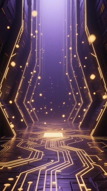 一张具有未来科技感的3D渲染场景，整体采用深邃的暗紫色调为基底，前景地面由复杂交错的金色发光电路纹路构成，呈现出精密的几何图案和流畅的线条感，地面中央有一处明亮的金色光源向外散发柔和光芒。背景是高耸的、由金色发光线条勾勒出的抽象科技结构，这些线条垂直向上延伸，形成类似隧道的空间感，结构上点缀着大小不一、亮度各异的金色光点，如同悬浮的粒子，光源从底部向上逐渐增强，营造出神秘而充满力量的氛围，整个……预览效果