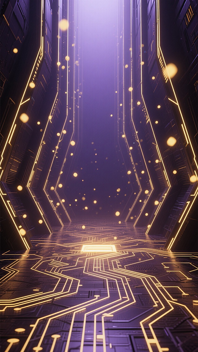 一张具有未来科技感的3D渲染场景，整体采用深邃的暗紫色调为基底，前景地面由复杂交错的金色发光电路纹路构成，呈现出精密的几何图案和流畅的线条感，地面中央有一处明亮的金色光源向外散发柔和光芒。背景是高耸的、由金色发光线条勾勒出的抽象科技结构，这些线条垂直向上延伸，形成类似隧道的空间感，结构上点缀着大小不一、亮度各异的金色光点，如同悬浮的粒子，光源从底部向上逐渐增强，营造出神秘而充满力量的氛围，整个画面光影对比强烈，线条锐利清晰，科技感十足，具有强烈的视觉冲击力和空间纵深感。
