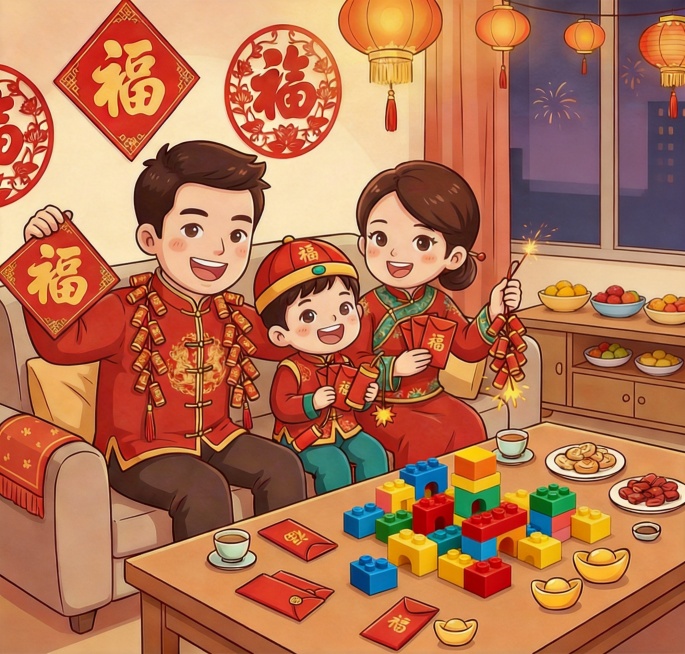 桌上放一点小孩玩的游戏，积木。然后电视机不要，放电视机的桌子上面放一些果盘。预览效果
