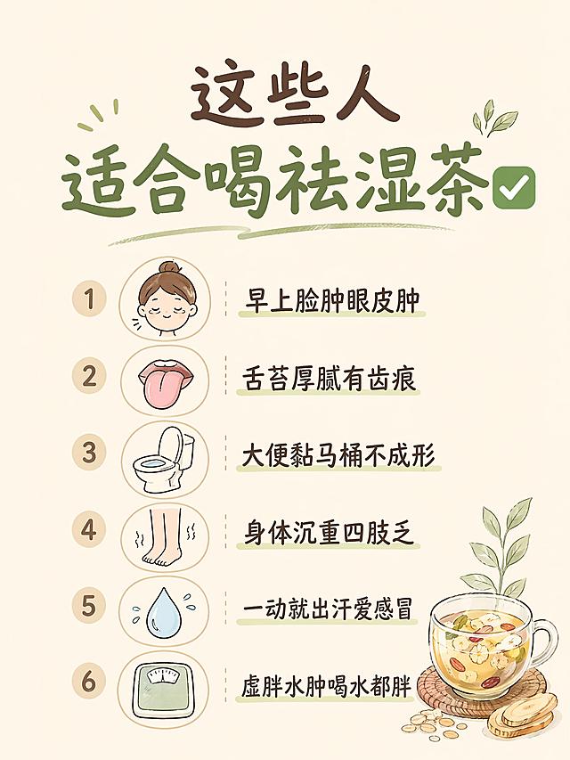 小红书笔记封面，简约手绘插画风格，极简线条，干净低饱和配色，标题文字大字居中，文案逐字锁定：「这些人适合喝祛湿茶✅」。下方用简约手绘小图标对应列出适合人群：1. 笑脸图标：早上脸肿眼皮肿；2. 舌头图标：舌苔厚腻有齿痕；3. 马桶图标：大便黏马桶不成形；4. 腿脚图标：身体沉重四肢乏；5. 水滴图标：一动就出汗爱感冒；6. 体重秤图标：虚胖水肿喝水都胖。背景：浅米白色简约纯色，干净透气。整体风格：简约手绘，线条柔和，配色低饱和，信息清晰，符合小红书养生笔记封面，版式精美，信息层级清晰，文字都可辨认，不裁切，四周留安全边距。画面比例 3:4，4K。