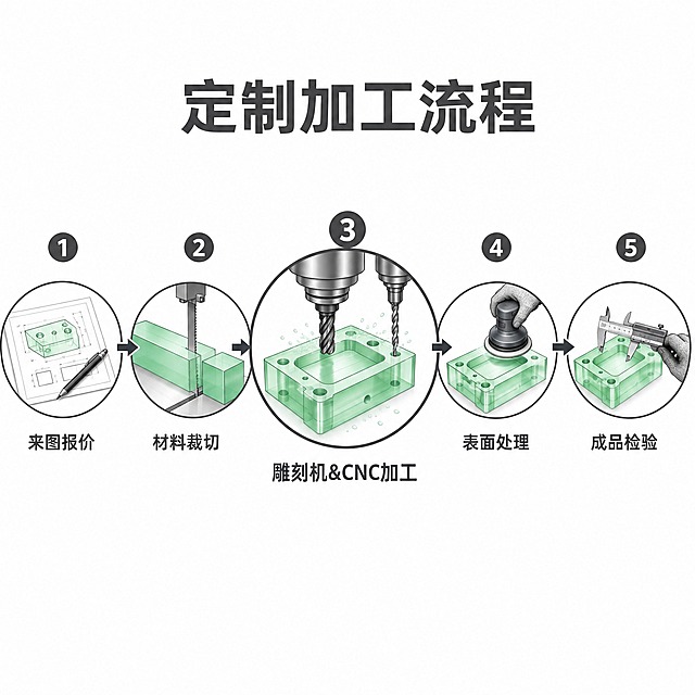 [主图-2] 定制加工流程图，展示PU聚氨酯零件从来图到成品的五步工序流程。
[统一基调] 白底工业主图风，1:1正方形，背景纯白色或极浅灰色，整体简洁专业，传递定制加工的完整流程感。所有文字颜色统一为深灰色，字体为清晰端正的无衬线体，不变形不拉伸。
[画面] 画面采用横向五步流程图式布局，从上到下或从左到右依次展示五个工序环节，每个环节配有块状PU零件的简化图形示意和工序名称。五个工序依次为：第一步"来图报价"，配图纸/客户来图的示意图形；第二步"材料裁切"，配块状PU原材料被裁切的示意图形；第三步"雕刻机&CNC加工"，配CNC机床对块状零件进行平面铣削和钻孔加工的示意图形，此环节突出铣刀在零件表面铣削平面以及钻头钻孔的工艺动作，视觉上比其他步骤更突出；第四步"表面处理"，配零件表面打磨抛光的示意图形；第五步"成品检验"，配质检员用卡尺测量检验成品的示意图形。各步骤之间用箭头连接，表示流程顺序。画面顶部有深灰色标题"定制加工流程"。所有工序示意图形均采用半透明绿色块状零件为主体元素，保持产品识别一致性。
[光影质感] 扁平化工业信息图风格，图形简洁清晰，配色干净。半透明绿色的零件图形保持通透质感，与首图产品视觉统一。整体光影简洁，重点在信息传达的清晰度。
[配色] 背景白色或极浅灰色，流程图形以半透明绿色为主，线条和图标为深灰色，箭头为深灰色。所有文字均为深灰色。整体配色简洁专业，工业感强。
[文字版式] 顶部主标题"定制加工流程"为深灰色无衬线粗体，字号较大。每个工序步骤下方标注工序名称，为深灰色无衬线常规体，字号适中，横排排列。所有文字清晰端正，不变形。画面中仅出现指定的流程文字，不出现任何额外自动生成的文字。
[输出要求] 1:1正方形比例，2K分辨率，流程图结构清晰，五步工序区分明确，CNC加工环节突出，文字清晰无错字，字体端正不变形，画面干净无水印、无Logo、无多余杂物。
