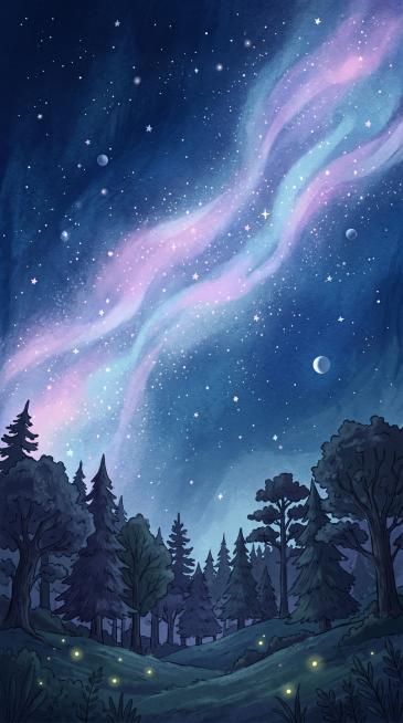 夜晚星空，插画风格，治愈系手绘质感，深蓝色夜空下的森林与星河，扁平清新插画，9:16竖屏壁纸预览效果