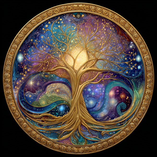 A vibrant, circular illustration, depicting a stylized Tree of Life, center frame, its golden branch预览效果