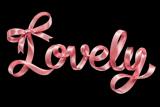 一整根无断裂的柔滑粉色缎面丝带，完整连续缠绕排布成单词"Lovely"，复古卷曲花体手写英文造型，首字母L搭配精致蝴蝶结装饰，丝带自带细腻绸缎光泽、柔和褶皱与自然卷曲飘带，缎面肌理清晰立体。丝带有柔和柔光质感，3D悬浮在画面正中央，正面平视视角，清晰展现缎面顺滑纹理，纯哑光黑色极简背景，柔和漫射光，丝带边缘细腻柔光，高级干净氛围感，写实商业摄影，高清细节