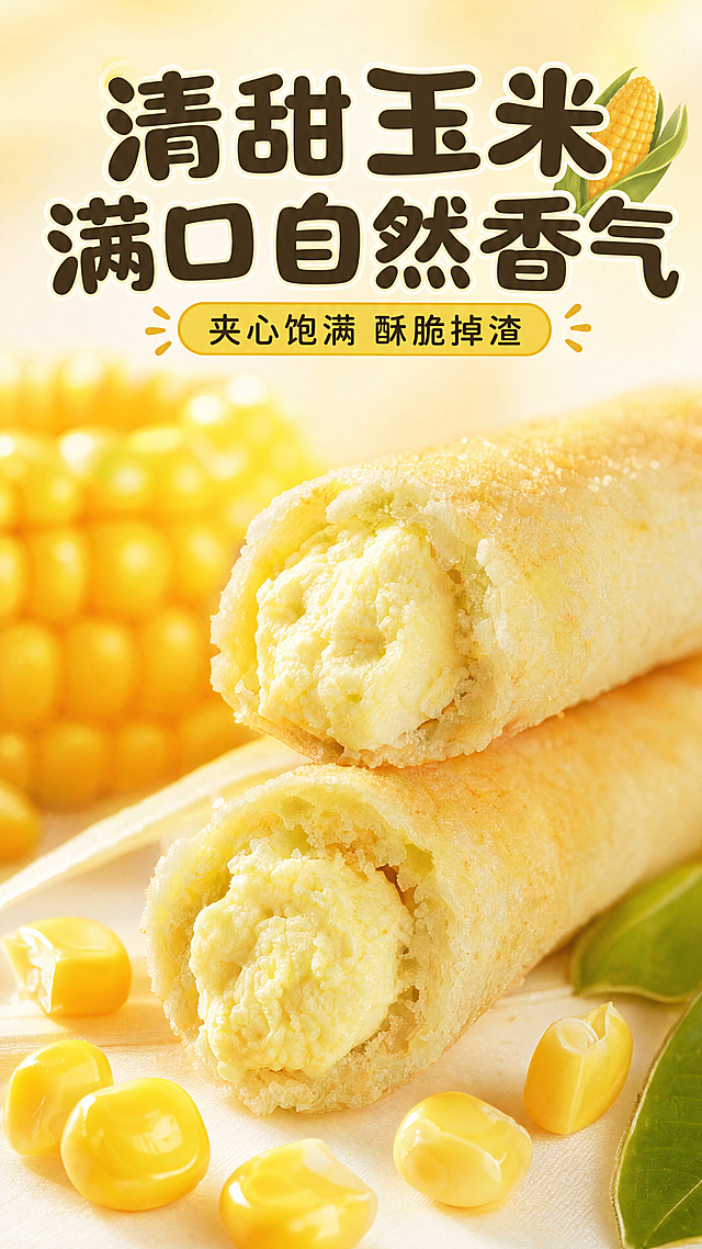 [第4屏] 清甜玉米口味细节特写，展示米果卷质地。本屏使用【https://gdesign-dam-hz.dancf.com/36973671090998425/a92a7a9c6192460a8cf2894d10007d6c.jpg】中的清甜玉米味产品作为主体。
[氛围/风格] 微距食欲风，暖调光影，突出米果卷酥脆质感，商业摄影质感，华丽精致。
[元素布局] 画面主体为两根切开的玉米味米果卷，放大展示夹心质地，置于画面中心占比约70%，保持米果卷颜色纹理与原图一致；背景点缀新鲜玉米颗粒，增加食欲感。
[光影质感] 侧光打亮米果卷纹理，突出酥脆蓬松质感，明暗层次清晰。
[配色色系] 全局底色 #FFF9E6，主色玉米黄、米白，辅助色草绿色。
[视角构图] 中心特写构图，微距视角，主体突出。
[文字版式] 顶部主标题「清甜玉米 满口自然香气」，副标题「夹心饱满 酥脆掉渣」，圆角黑体，文字清晰不遮挡米果特写。
[比例分辨率] 9:16竖版比例，1080×1920，4K分辨率，高清画质。
[负向提示词] 米果变形，质地失真，颜色偏差，文字遮挡主体，文字错乱
