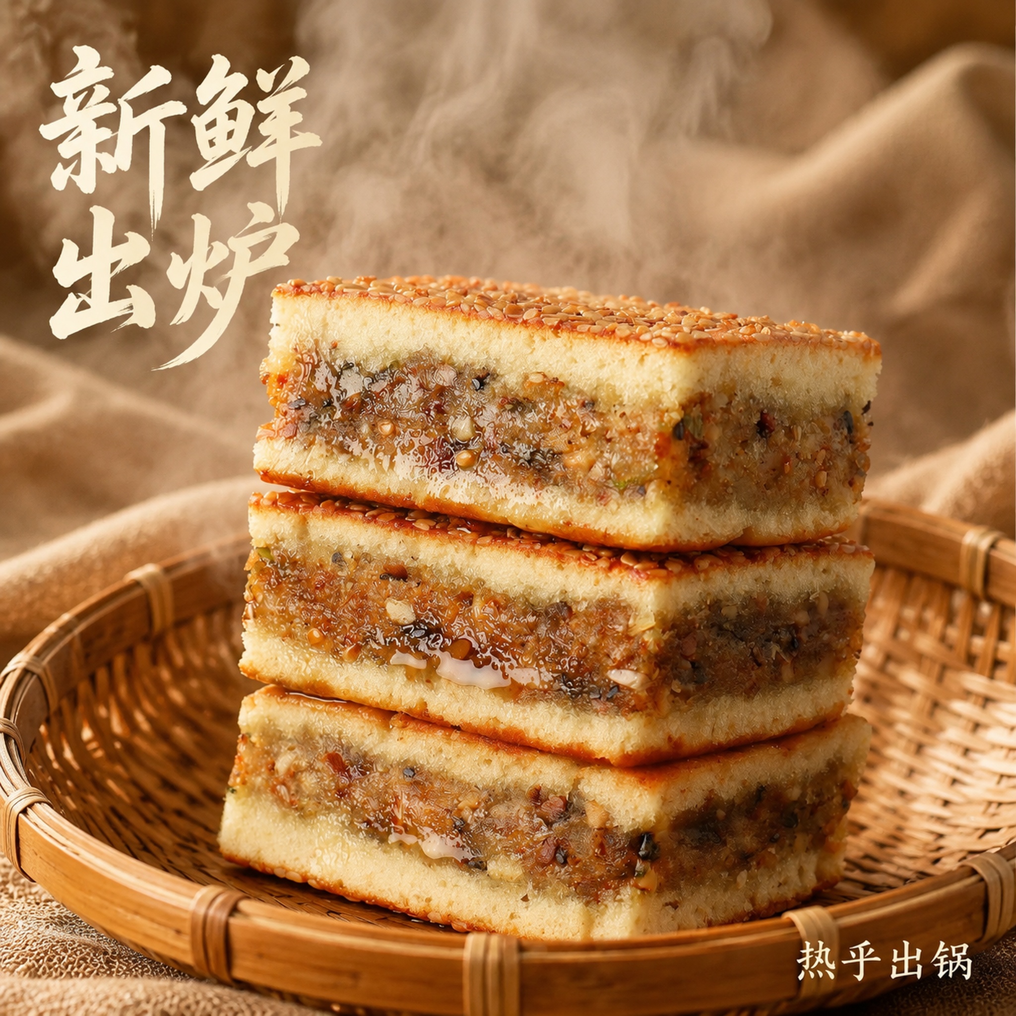 [主图-19] 三层五宝糕突出新鲜出炉卖点。 [氛围风格] 刚… - 图片创意预览