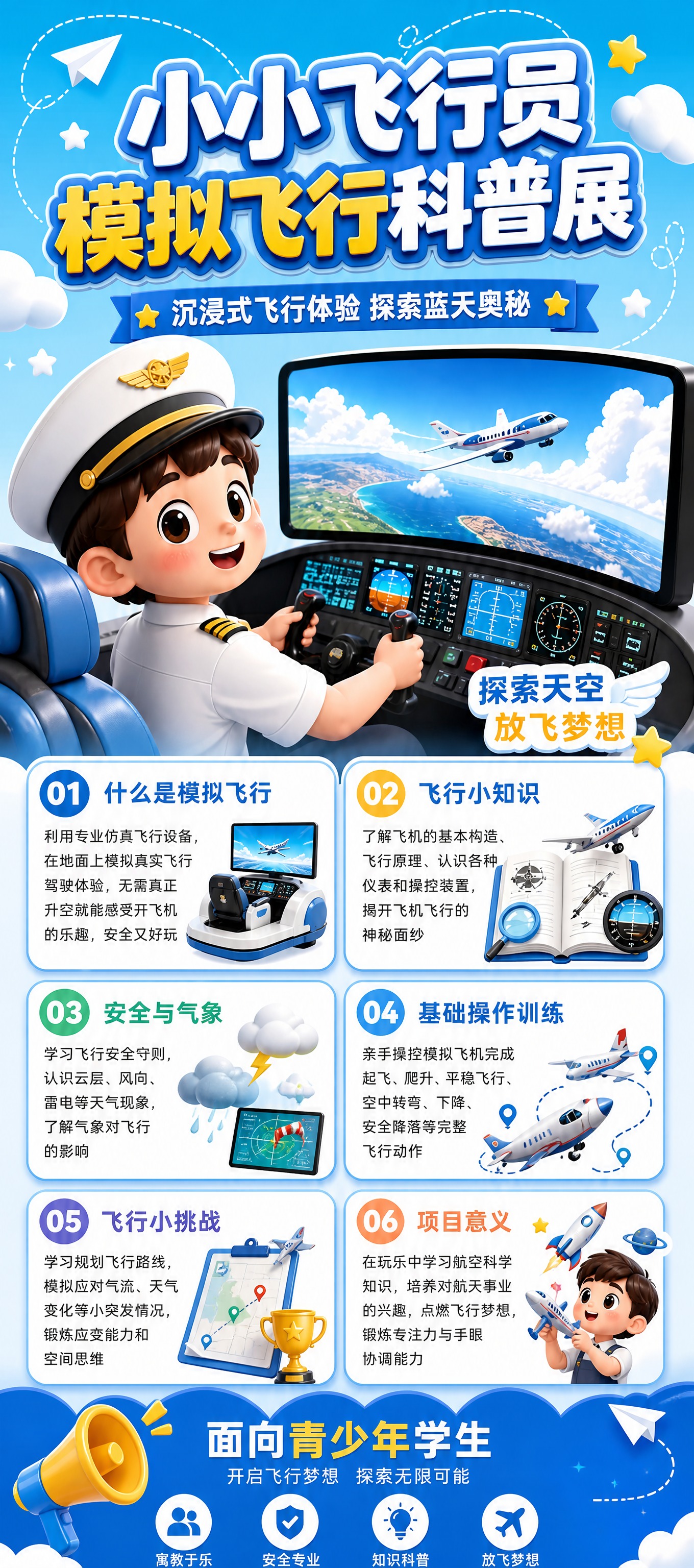 青少年模拟飞行科普展架海报，竖版4:9比例，3D卡通童趣风格。… - 图片创意预览