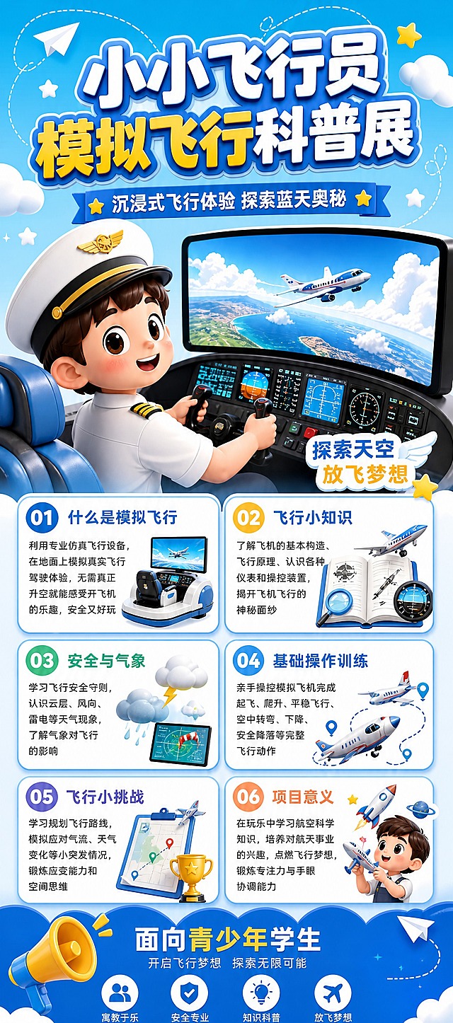 青少年模拟飞行科普展架海报，竖版4:9比例，3D卡通童趣风格。画面主视觉为穿白色飞行制服戴飞行员帽子的卡通小男孩，坐在模拟飞行驾驶舱内双手操作摇杆，专注看前方大屏，屏幕显示蓝天白云和飞机飞行画面。背景渐变天蓝色，点缀云朵、纸飞机、星星装饰。

顶部大标题"小小飞行员 模拟飞行科普展"，副标题"沉浸式飞行体验 探索蓝天奥秘"，旁边小标签"探索天空 放飞梦想"。

中部6个科普介绍卡片，内容更丰富：
01 什么是模拟飞行：利用专业仿真飞行设备，在地面上模拟真实飞行驾驶体验，无需真正升空就能感受开飞机的乐趣，安全又好玩
02 飞行小知识：了解飞机的基本构造、飞行原理、认识各种仪表和操控装置，揭开飞机飞行的神秘面纱
03 安全与气象：学习飞行安全守则，认识云层、风向、雷电等天气现象，了解气象对飞行的影响
04 基础操作训练：亲手操控模拟飞机完成起飞、爬升、平稳飞行、空中转弯、下降、安全降落等完整飞行动作
05 飞行小挑战：学习规划飞行路线，模拟应对气流、天气变化等小突发情况，锻炼应变能力和空间思维
06 项目意义：在玩乐中学习航空科学知识，培养对航天事业的兴趣，点燃飞行梦想，锻炼专注力与手眼协调能力

底部深蓝色波浪区域："面向青少年学生 开启飞行梦想 探索无限可能"，下方四个圆形图标配文字：寓教于乐、安全专业、知识科普、放飞梦想。无二维码和了解更多按钮。

整体天蓝白黄配色，明亮活泼，版式精美分区清晰，四周留安全边距。所有信息区填充完整内容，无空白框。