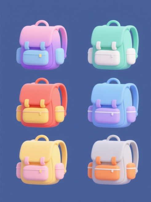 六个不同配色的软3D风格卡通书包系列素材集合，每个书包保持相同的圆润轮廓、翻盖设计、侧边口袋和背带结构，均为纯色背景，色彩方案分别为：1. 粉紫渐变主色调搭配浅蓝装饰；2. 薄荷绿主色调搭配白色点缀；3. 橙红主色调搭配黄色细节；4. 湖蓝主色调搭配浅紫装饰；5. 鹅黄主色调搭配淡粉元素；6. 浅灰主色调搭配亮橙点缀，所有书包以2x3网格规整排布，线条简洁流畅，色彩明快柔和，具有统一的可爱卡通……预览效果