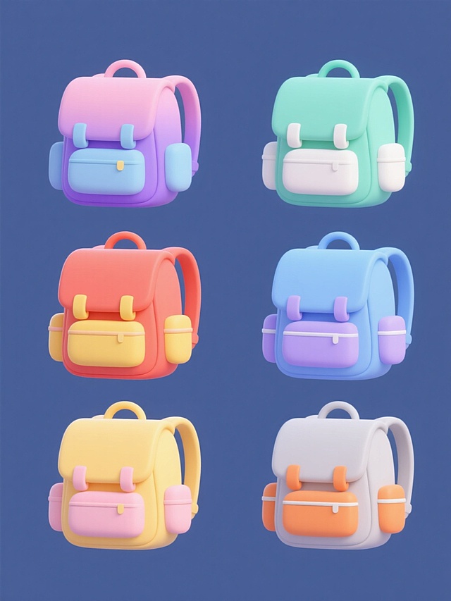 六个不同配色的软3D风格卡通书包系列素材集合，每个书包保持相同的圆润轮廓、翻盖设计、侧边口袋和背带结构，均为纯色背景，色彩方案分别为：1. 粉紫渐变主色调搭配浅蓝装饰；2. 薄荷绿主色调搭配白色点缀；3. 橙红主色调搭配黄色细节；4. 湖蓝主色调搭配浅紫装饰；5. 鹅黄主色调搭配淡粉元素；6. 浅灰主色调搭配亮橙点缀，所有书包以2x3网格规整排布，线条简洁流畅，色彩明快柔和，具有统一的可爱卡通风格和立体质感。