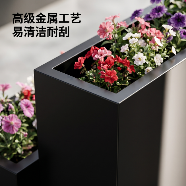 [主图-2] 黑色花箱材质细节特写
[氛围风格] 专业产品细节展示
[画质] 超清商业摄影, 纹理清晰可见
[元素] 特写展示中间黑色花箱局部，突出金属表面光滑质感、边缘处理与鲜花细节，保持产品结构、预览效果
