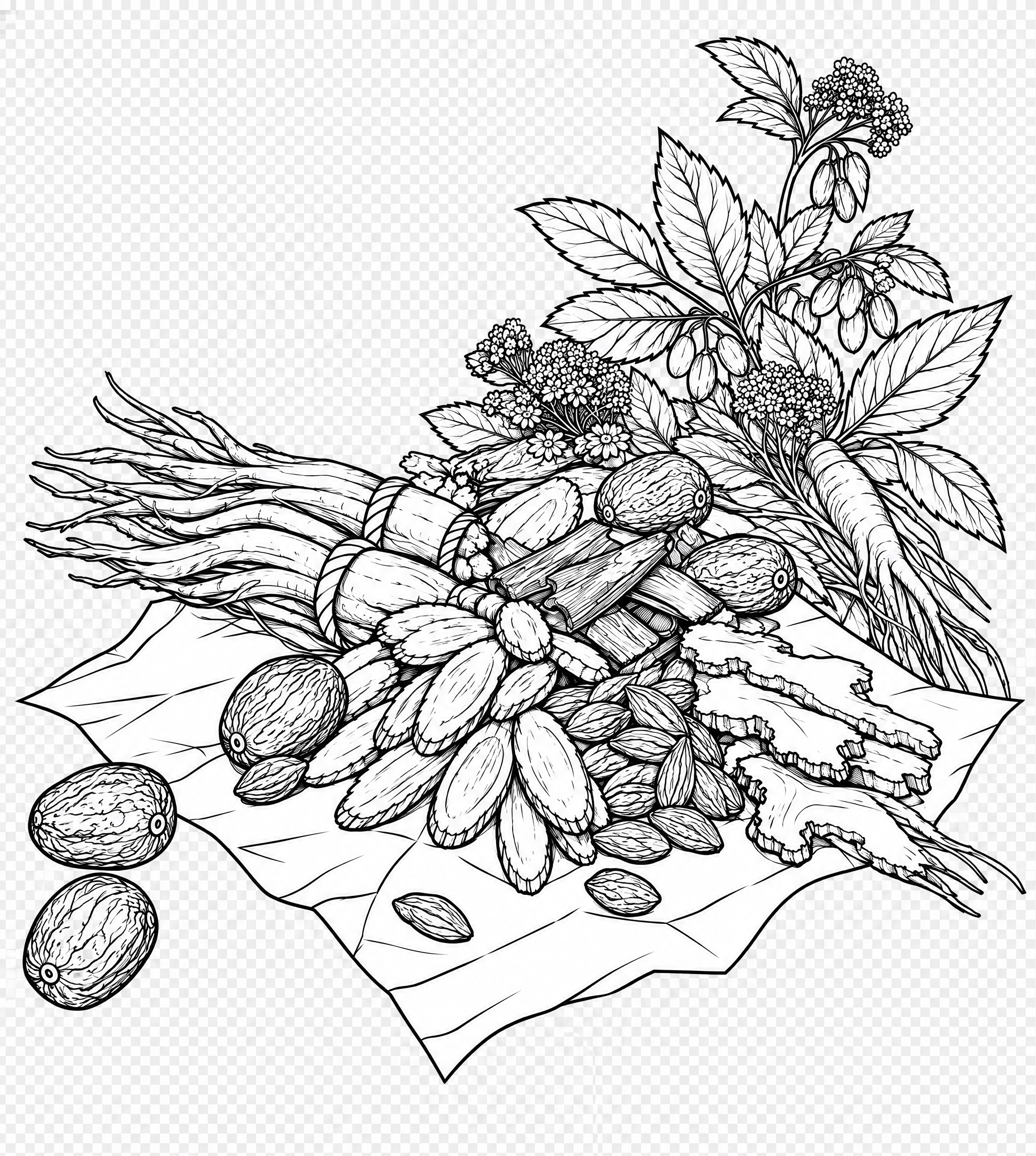去除这张线描中药材插画的背景，保留所有黑色线条元素，背景完全透… - 图片创意预览