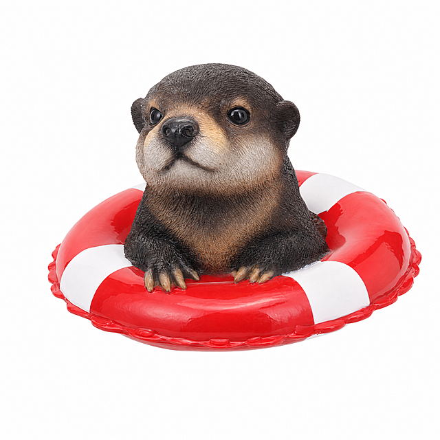 [Main Image 1] Cute Floating Otter Sculpture product main image. [Atmosphere Style] Natural garden pond peaceful style, commercial product photography, professional Amazon cross-border e-commerce style, objective neutral, clean and compliant. [Image Quality] Commercial photography texture, soft natural light, clear and realistic product, high detail picture. [Elements] Keep the appearance (physical structure, material texture, color) of the floating otter with red and white lifebuoy completely consistent with the input product picture, no deformation or color difference. The product is placed in the center of the pure white background, occupying 85% of the picture, the product is complete and not cut, no extra text, no logo, no watermark. The otter floats steadily on the water surface, with soft texture and realistic details, lifelike. [Lighting] Soft uniform studio light, main light from the front, bright and transparent, soft shadow, clear product outline, uniform transition between light and dark. [Color Matching] Main color pure white background, product retains original dark brown fur, reddish tan chest, bright red and white lifebuoy color. [Perspective Composition] Flat horizontal viewing angle, product centered, large depth of field, the whole product is clearly visible, full screen no border. [Proportion Resolution] 1:1 proportion, 2K resolution, super high definition. [Negative prompt] Deformation, watermark, text clutter, blurred product, messy background, extra logo, extra marketing text.