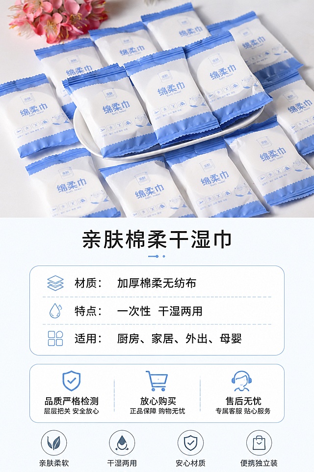 使用商品详情页技能根据商品图「图片1」「图片1」「图片1」生成详情页，参考图为，商品名称为干湿巾，卖点为干湿两用一巾多用，干擦除尘湿擦去油 加厚棉柔无纺布，不掉絮拉扯不易破 无刺激不含荧光剂，母婴敏感肌放心用 吸水吸油强，厨房家务清洁超省心 一次性免清洗，用完即扔不滋生细菌 便携抽取包装，居家外出随时随地用 替代纸巾抹布洗脸巾，性价比拉满，适配平台为淘宝/天猫，图片比例为2:3，需求屏数为7张，