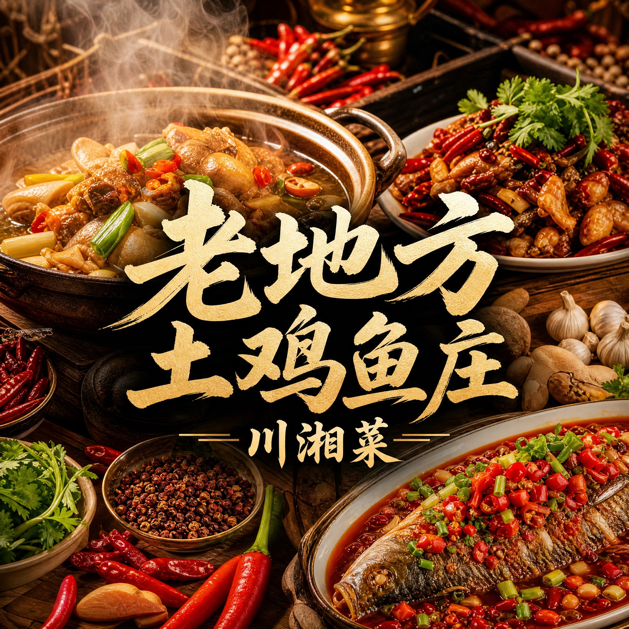 写实摄影风格的餐厅头像设计，画面中央是店名"老地方土鸡鱼庄川湘… - 图片创意预览