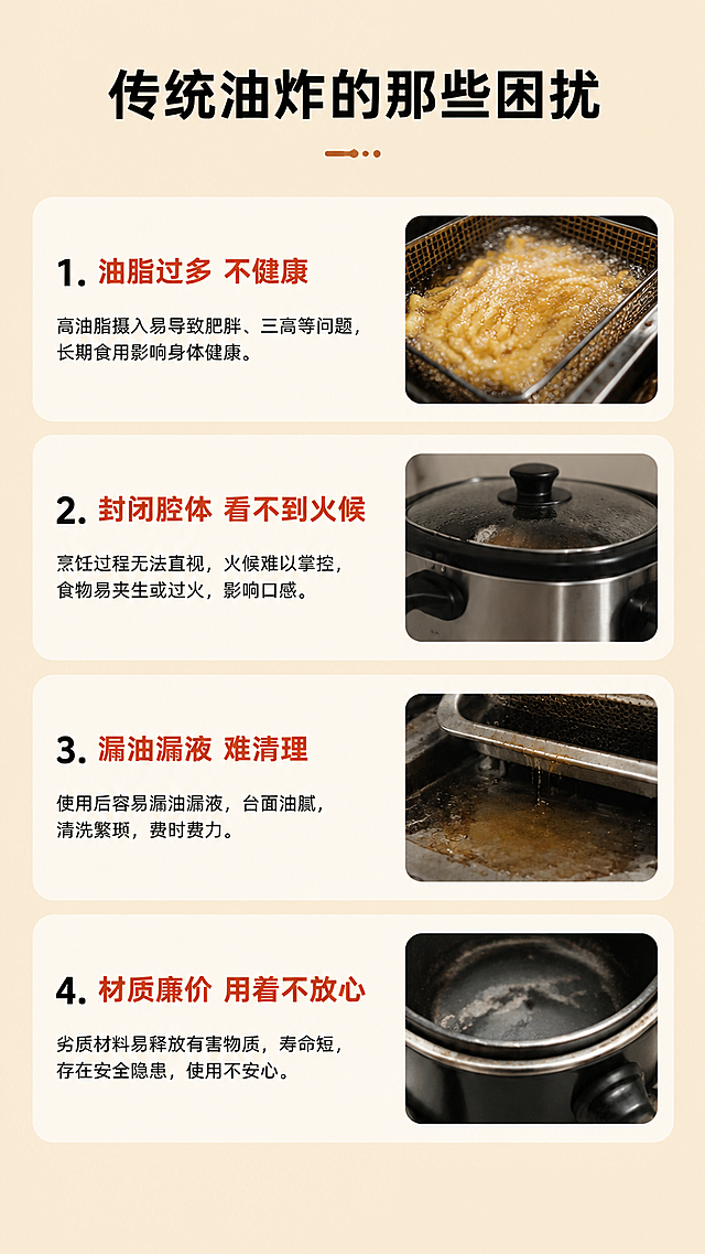 [第2屏] 详情页痛点直击屏，传统烹饪痛点解析。
[氛围/风格] 简约问题导向风格，浅暖棕调，清晰图文排版，专业可信。
[元素布局] 页面顶部大标题，主体区域分四个痛点卡片竖向排列，每个痛点配简要文字，底部留白，整体排版清爽不拥挤。背景保持浅暖棕同色系渐变，每个痛点卡片有浅白色圆角底框。
[光影质感] 整体均匀柔和打光，文字清晰无阴影，卡片区分明显，可读性强。
[配色色系] 全局底色：#f0d9bf；卡片背景：#f8f2e9；文字：#1a1a1a，强调文字：#c4502e。
[视角构图] 竖向通栏排版，从上到下阅读动线，分块清晰。
[文字版式] 顶部主标题「传统油炸的那些困扰」，黑色加粗居中。四个痛点依次为：1. "油脂过多 不健康" 2. "封闭腔体 看不到火候" 3. "漏油漏液 难清理" 4. "材质廉价 用着不放心"，每个痛点单行文字，左对齐，卡片内上下留白，强调文字用红褐色突出。
[比例分辨率] 9:16 竖版比例，4K分辨率，文字清晰可辨。
[负向提示词] 背景杂乱，文字错乱，水印，变形，颜色浑浊，排版拥挤。
