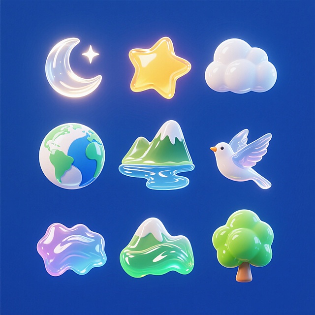 9个Q版图标（元素独立区域）：星星，月亮，太阳，地球，云朵，河流，山川，飞鸟，树，深蓝色背景