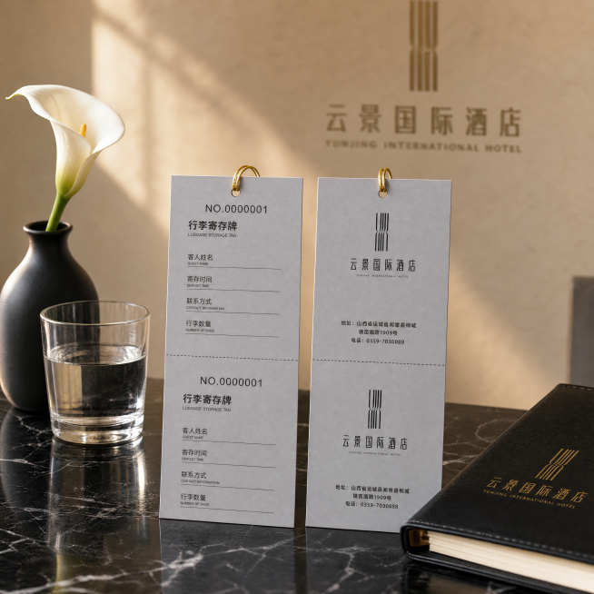 超写实静物商业摄影
主体：行李寄存牌卡片占画面60%-70%，完整不裁切，绝对视觉主导，近景构图；行李寄存牌严格参照上传产品图，完整保留所有可见组件、轮廓、结构、比例、材质、颜色与产品本体上的所有文字预览效果