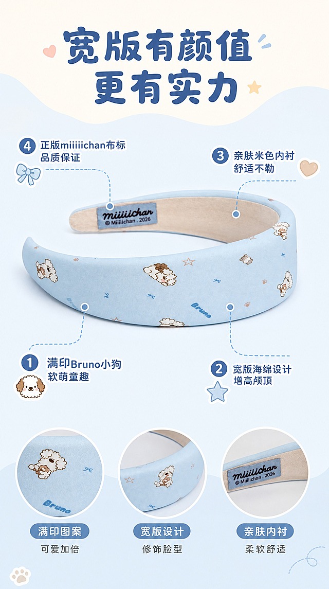电商详情页第3张-产品解析，淘宝/天猫适配，9:16竖版比例。miiiiichan奶蓝满印小狗宽版发箍多角度解析。背景为奶白色+淡蓝色块拼接，软萌风格。画面中央偏上：发箍正面全景图，清晰展示奶蓝色宽版海绵发箍、满印Bruno小狗插画图案、星星蝴蝶结爪印元素、内侧米色亲肤内衬、miiiiichan布标。从发箍不同部位引出引线标注：① 指向满印图案："满印Bruno小狗 软萌童趣"；② 指向宽版结构："宽版海绵设计 增高颅顶"；③ 指向内侧内衬："亲肤米色内衬 舒适不勒"；④ 指向布标："正版miiiiichan布标 品质保证"。顶部标题"宽版有颜值 更有实力"，圆润字体深蓝色。每个标注配小图标（爱心/星星/蝴蝶结）。整体构图清晰，信息层级分明。商业产品摄影质感。禁止变形、错字、模糊、水印、平台Logo。