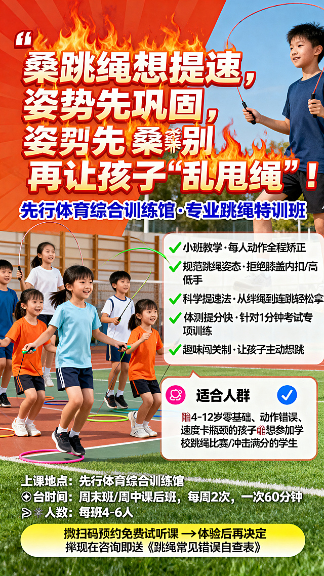跳绳培训班招生宣传海报，主标题大字突出“🔥 跳绳想提速，姿势先巩固🔥 别再让孩子‘乱甩绳’！”，副标题“先行体育综合训练馆 · 专业跳绳特训班”，包含核心卖点列表：✅ 小班教学 · 每人动作全程矫正✅ 规范跳绳姿态 · 拒绝膝盖内扣/高低手✅ 科学提速法 · 从绊绳到连跳轻松拿捏✅ 体测提分快 · 针对1分钟考试专项训练✅ 趣味闯关制 · 让孩子主动想跳，适合人群是👧 4-12岁零基础、动作错误、速度卡瓶颈的孩子👦 想参加学校跳绳比赛 / 冲击满分的学生，上课信息：📍 地点：先行体育综合训练馆 ⏰ 时间：周末班 / 周中课后班，每周2次，一次60分钟👥 人数：每班4-6人，底部行动按钮📞 扫码预约免费试听课 → 体验后再决定🎁 现在咨询即送《跳绳常见错误自查表》，配图丰富，充满活力的青少年运动风格，色彩鲜明，图文搭配清晰，适合线下传播