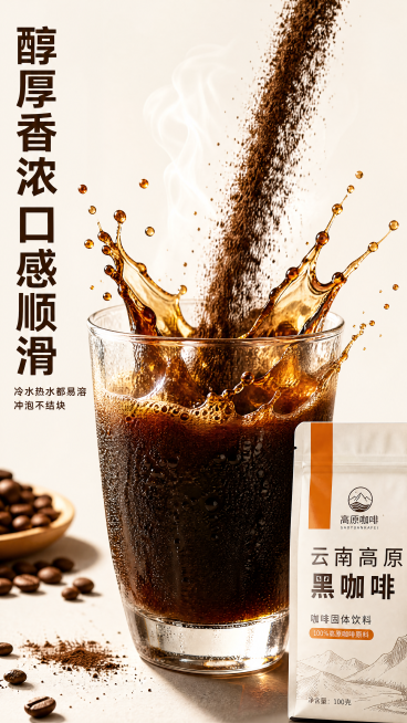 [第3屏] 咖啡冲调质地动态特写，白芸豆左旋肉碱黑咖啡冲调展示。
[氛围/风格] 鲜活动态，暖棕通透质感，咖啡香气氛围感，商业高速摄影质感。
[元素布局] 黑咖啡粉末冲入透明玻璃杯，咖啡液体飞溅形成优预览效果