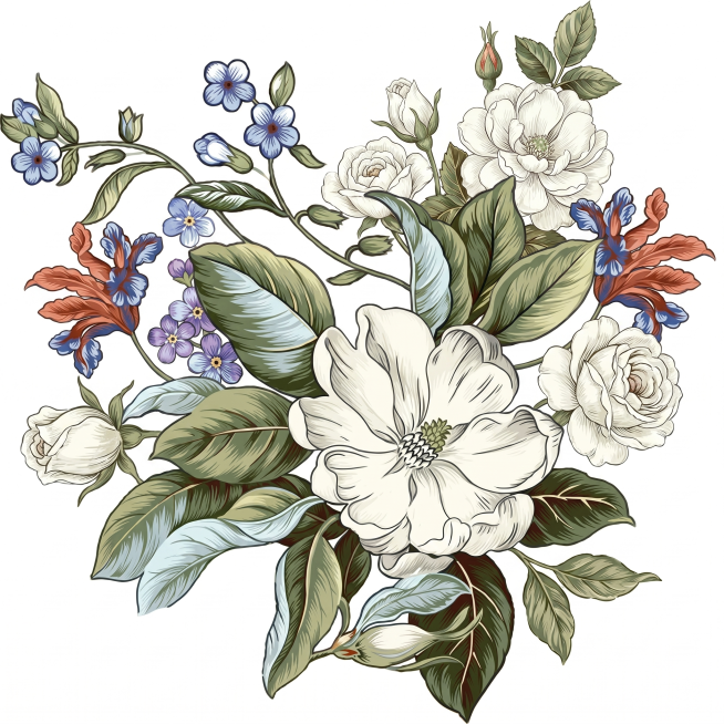 参考原图复古线描花卉插画风格，重新生成全新的花卉组合插画，保留精致的线条纹理、复古手绘上色质感，画面包含不同形态的白色主花、蓝紫色小花、橙红色特色花卉以及层次丰富的渐变绿叶，整体构图协调雅致，背景为纯预览效果