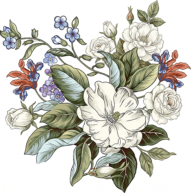 参考原图复古线描花卉插画风格，重新生成全新的花卉组合插画，保留精致的线条纹理、复古手绘上色质感，画面包含不同形态的白色主花、蓝紫色小花、橙红色特色花卉以及层次丰富的渐变绿叶，整体构图协调雅致，背景为纯白色，延续原版优雅的复古植物插画艺术风格