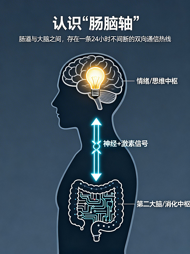 中央是一个人的简约侧面轮廓。大脑位置画一个发光的灯泡，标注“情绪/思维中枢”。肠道位置画一个复杂的电路板或网络，标注“第二大脑/消化中枢”。两者之间用一条发光的、双向的箭头链路连接，链路上标有“神经+激素信号”。	标题：认识“肠脑轴”解释：肠道与大脑之间，存在一条24小时不间断的双向通信热线。